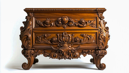 An ornate curved wooden box with two drawers featuring intricate details and elegant curves, dignified in the classic Baroque furniture style.