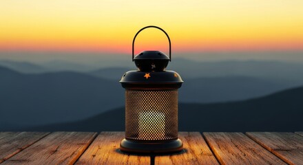 Antique oil lantern casting a warm glow in the forest, morning and evening, highlighting its rusty metal and aged glass