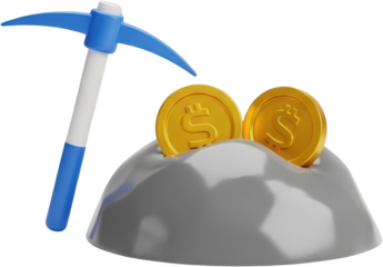 Gold coins embedded in a rock with a pickaxe isolate money currency finance