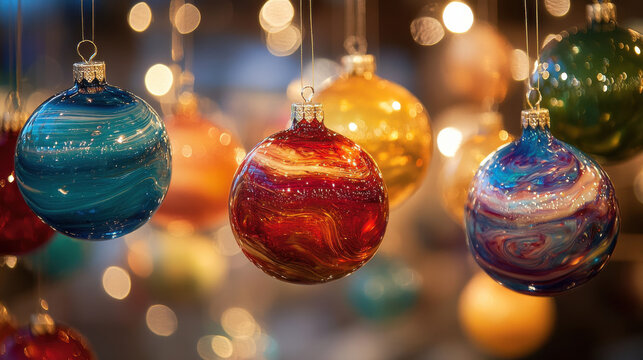 Hand-blown glass ornaments, vibrant colors and delicate details, artisan shaping molten glass, glowing warm tones —ar 16:9 