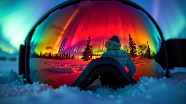 Vibrant northern lights in minimal composition create stunning reflections in ski goggles, showcasing serene winter landscape and colors