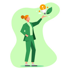 Eco-Innovation Concept: Businesswoman Holding Sustainable Idea Symbol with Leaf and Lightbulb – Green Energy and Environmental Leadership