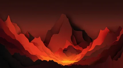 Gordijnen Layered mountain landscape with vibrant reds, oranges, and a setting sun glow © Elang