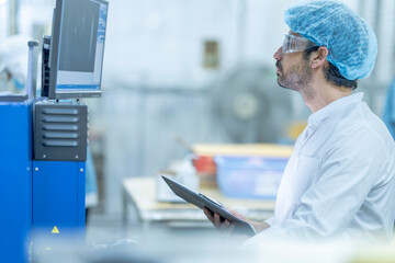 A supervisor in protective gear reviewing data on a computer screen at a food processing facility,...