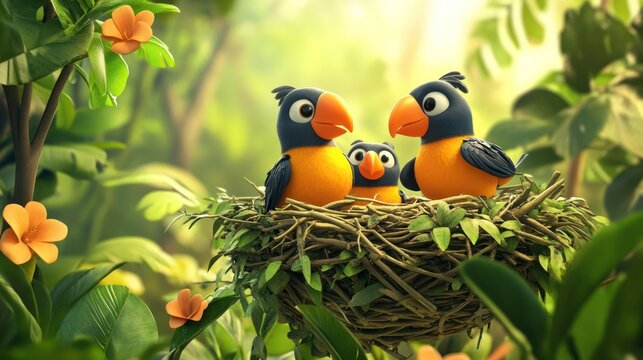 Three cartoon birds in a nest amongst lush foliage.