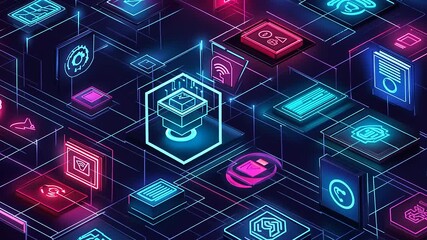 Futuristic digital interface showcasing various technology icons in a vibrant neon grid layout - Powered by Adobe