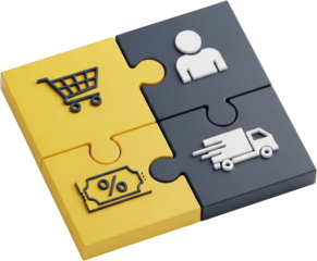 Puzzle pieces with shopping cart discount coupon person and delivery truck icons transparent background