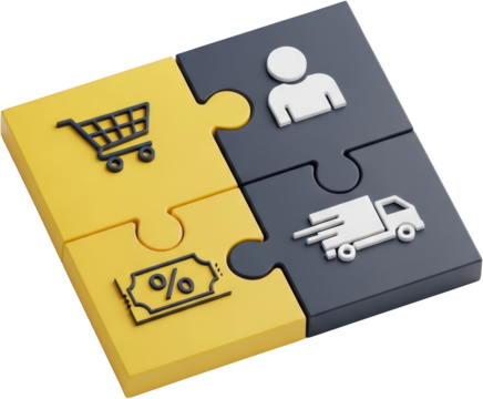 Puzzle pieces with shopping cart discount coupon person and delivery truck icons transparent background