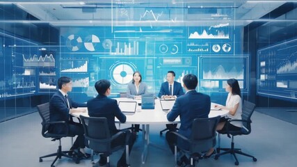 Team collaborates during meeting in a high tech office, discussing business strategy, with charts and data visualization displayed - Powered by Adobe
