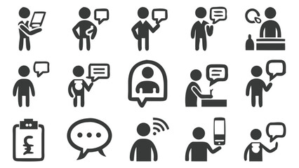 Collection of Business and Communication Icons Depicting Teamwork, Information Exchange, and Technology Use