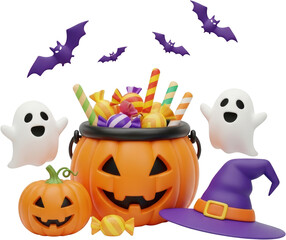 Halloween pumpkin bucket overflowing with candy surrounded by ghosts bats and a witch hat transparent background