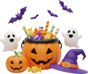 Halloween pumpkin bucket overflowing with candy surrounded by ghosts bats and a witch hat transparent background