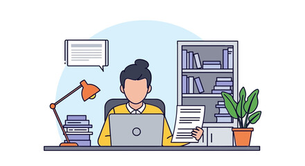 Person working at desk with laptop, documents, and books, in a home office setting.