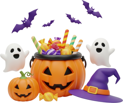 Halloween pumpkin bucket overflowing with candy surrounded by ghosts bats and a witch hat transparent background
