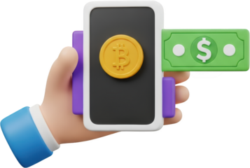 Hand holding smartphone with bitcoin and dollar bill isolate cryptocurrency