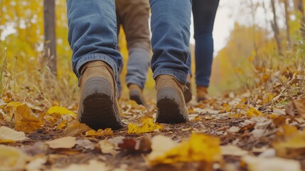 Family hiking autumn trail, leaves, forest, boots, adventure
