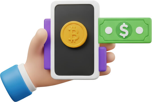 Hand holding smartphone with bitcoin and dollar bill isolate cryptocurrency