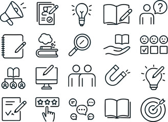 Brand storytelling and inbound marketing concept editable stroke outline icons set isolated on white background flat vector illustration
