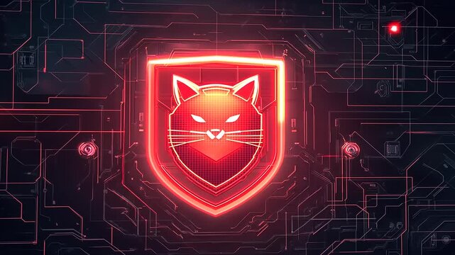 Futuristic digital shield featuring a cat emblem, set against a circuit board background