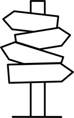 A simple line drawing of a weathered wooden post with four blank directional signs pointing in different directions.