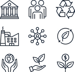 ESG concept. Environmental, social, and corporate governance related editable stroke outline icons set isolated on white background flat vector illustration