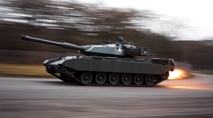 A stylized photograph of a military tank in motion, captured with intentional motion blur to emphasize speed and power. The tank's powerful silhouette is emphasized against a muted background