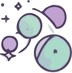 Abstract illustration of geometric shapes, including circles and star-like forms, in pastel green and purple hues.
