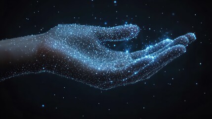 Glowing hand, digital particles, dark space, futuristic concept, tech ad