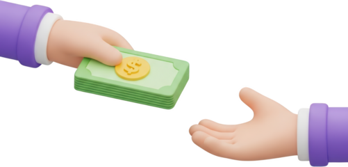 Cartoon hands exchanging stack of cash with dollar coin isolate money currency