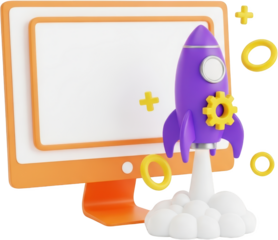 A purple rocket launching from a white cloud beside a computer screen with a gear transparent background