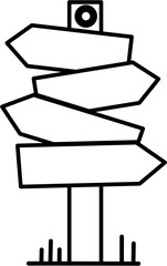 A black and white line drawing of a signpost with four blank arrow signs pointing in different directions.