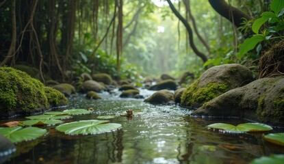 Naklejka premium A tranquil stream flows through a lush green forest with lily pads and moss covered rocks visible nearby