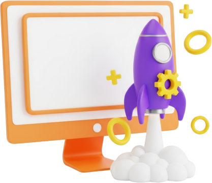 A purple rocket launching from a white cloud beside a computer screen with a gear transparent background