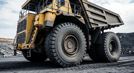 Fototapeta premium An immense yellow dump truck sits on dark gray ground, dwarfing the viewer with its massive size.