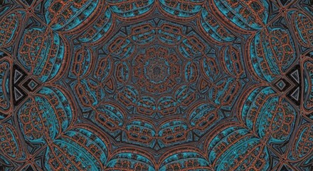 A detailed kaleidoscopic mandala with intricate patterns in turquoise and rust tones, forming a symmetrical, hypnotic design that radiates from the center in layered complexity.