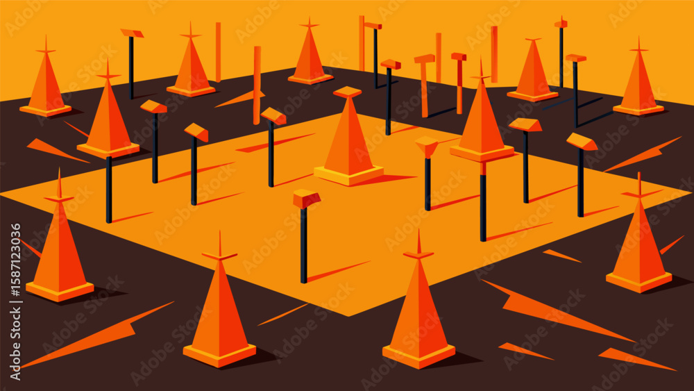 Poster building foundations are marked out with bright orange stakes giving a sense of organized chaos from