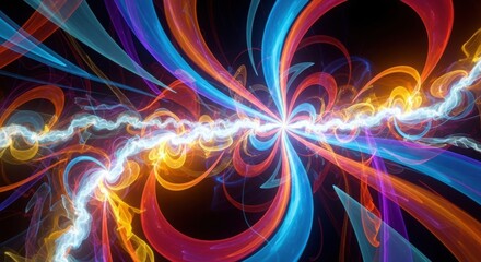 A vibrant abstract energy burst with swirling neon waves and electric currents, forming symmetrical patterns of light in blue, red, orange, and yellow against a dark backdrop.