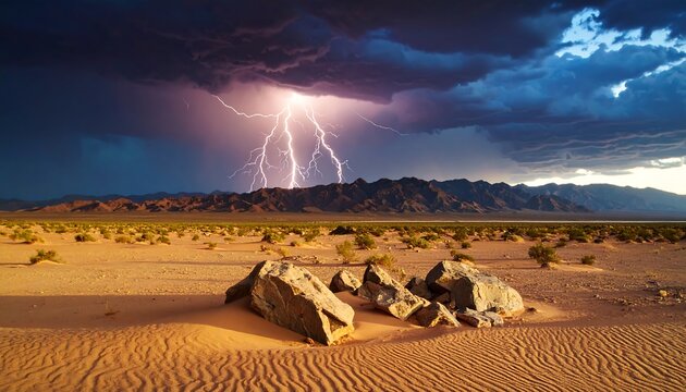 Dramatic desert landscape with thunder storm - Powered by Adobe