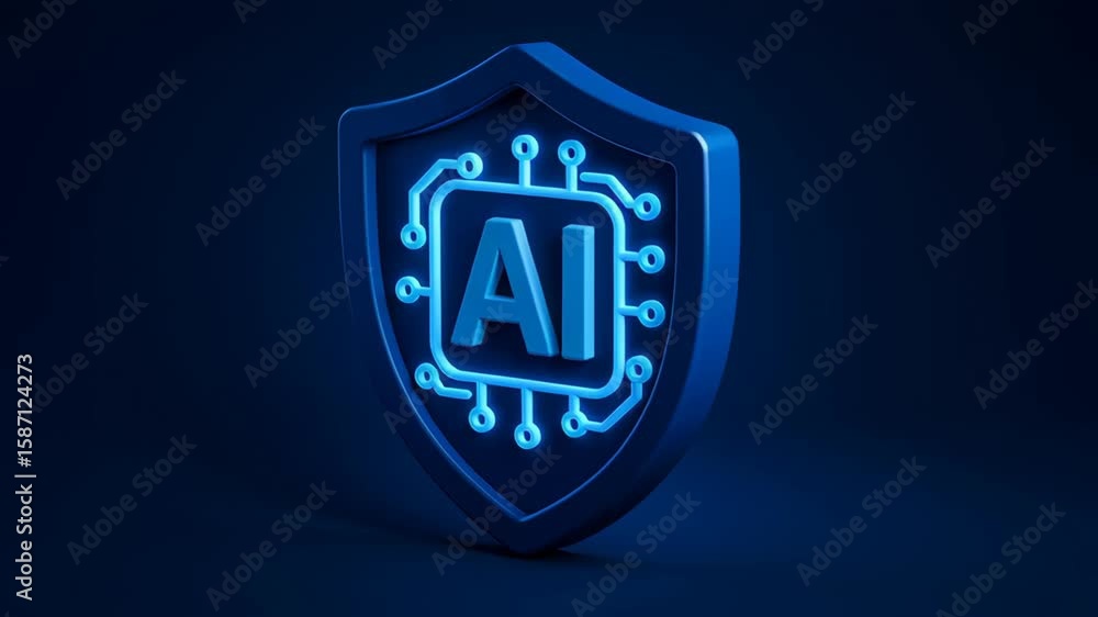 Poster artificial intelligence energy trading concept with blue glowing shield and circuit symbol represent