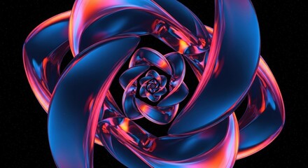 A mesmerizing abstract 3D structure resembling a twisted metallic rose, glowing with vibrant hues of blue, pink, and orange, set against a deep space backdrop.