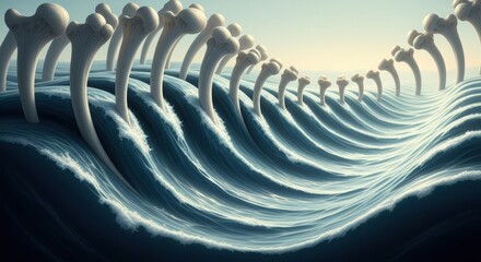 Surreal ocean waves morph into rows of large femur-like bones, creating a haunting blend of anatomy and nature in a dreamlike seascape with soft light and flowing motion.