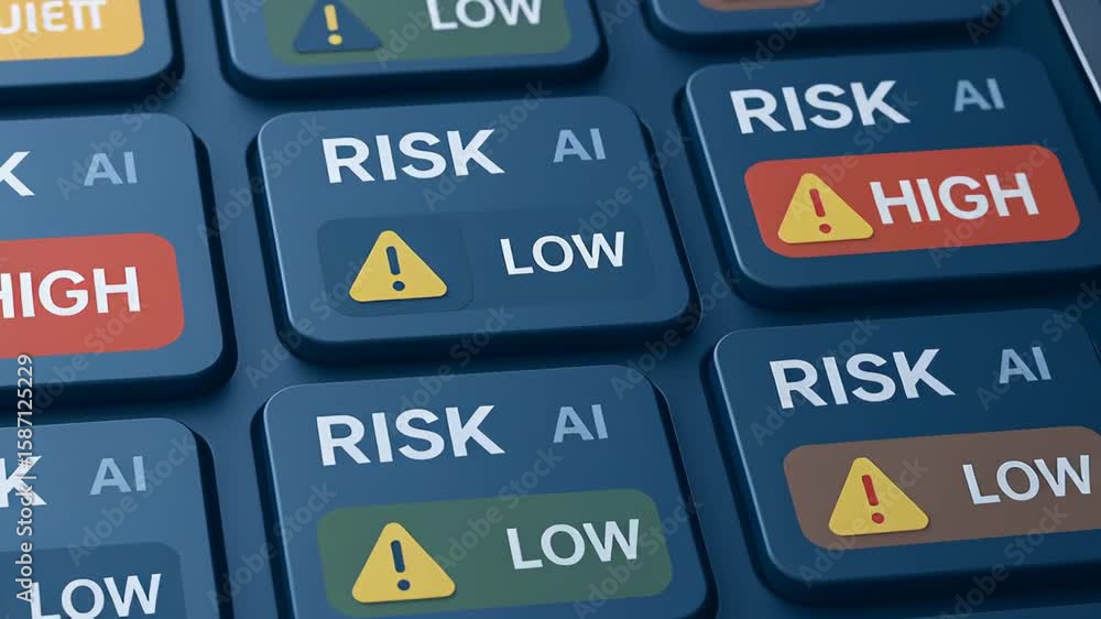 Poster risk ai trading button and keyboard with high low warning signs for energy finance smart decision ma