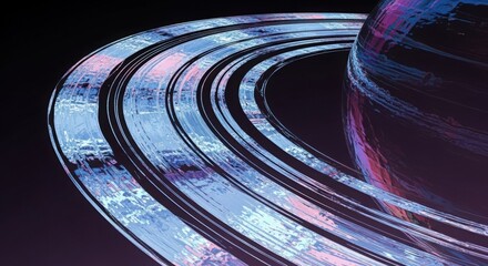 A vivid digital illustration of a ringed planet, resembling Saturn, with neon blue and pink reflections creating a futuristic, cosmic aesthetic against a dark space background.