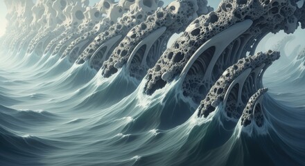 Surreal ocean waves morph into intricate, bone-like structures, blending organic fluidity with geometric complexity in a dreamlike seascape.