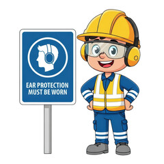 Cartoon worker with ear protection sign isolated on transparent background
