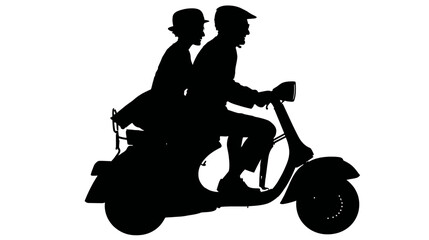 Senior Couple Riding a Classic Scooter Silhouette