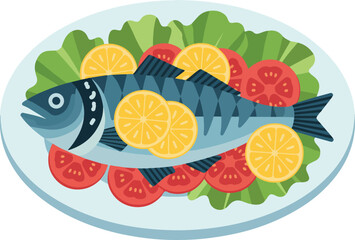 Obraz premium Delicious Fish Dish Vector Illustration Fresh Seafood, Salad, Tomatoes, and Lemon Slice Art