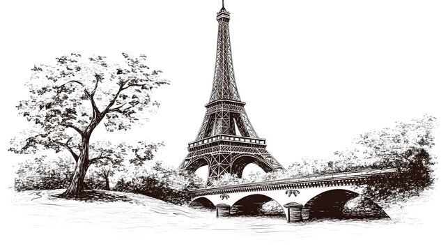 Hand-drawn sketch of the Eiffel Tower and a bridge.