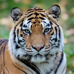 Naklejka premium Close-Up of Alpha Male Tiger with Bokeh Leaf Background