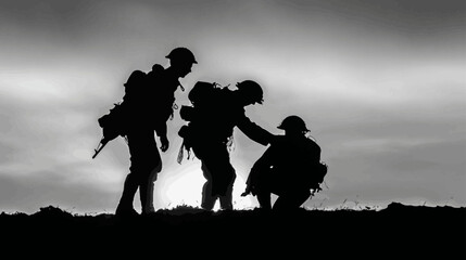 Silhouette of Two Soldiers Helping a Wounded Comrade – Military Support Scene 